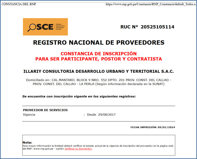 Constancia de inscripción en el Registro Nacional de Proveedores (RNP) — OSCE. Illariy Consultoría, Desarrollo Urbano y Territorial S.A.C., RUC 20525105114.